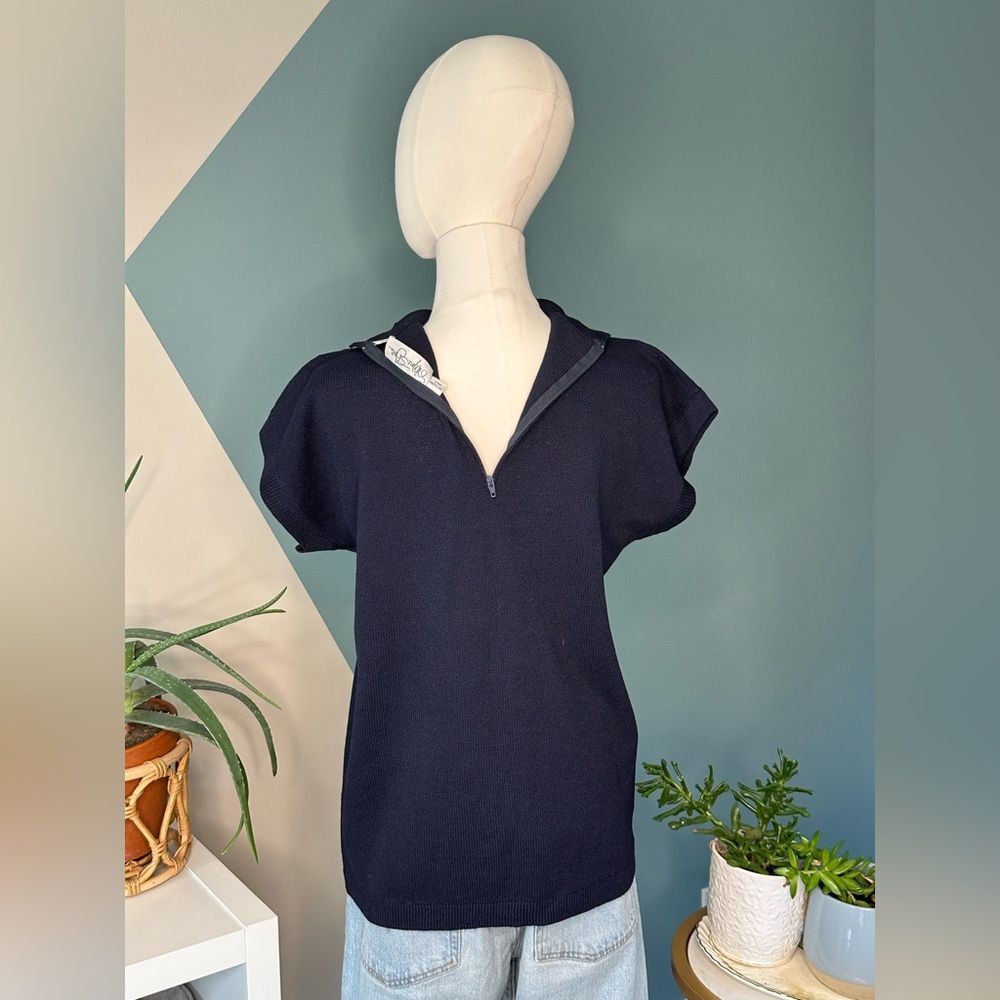 Vintage St. John Sport Navy Knit Mock Neck Zip Back Top 90s Minimalist Large - Picture 5 of 10